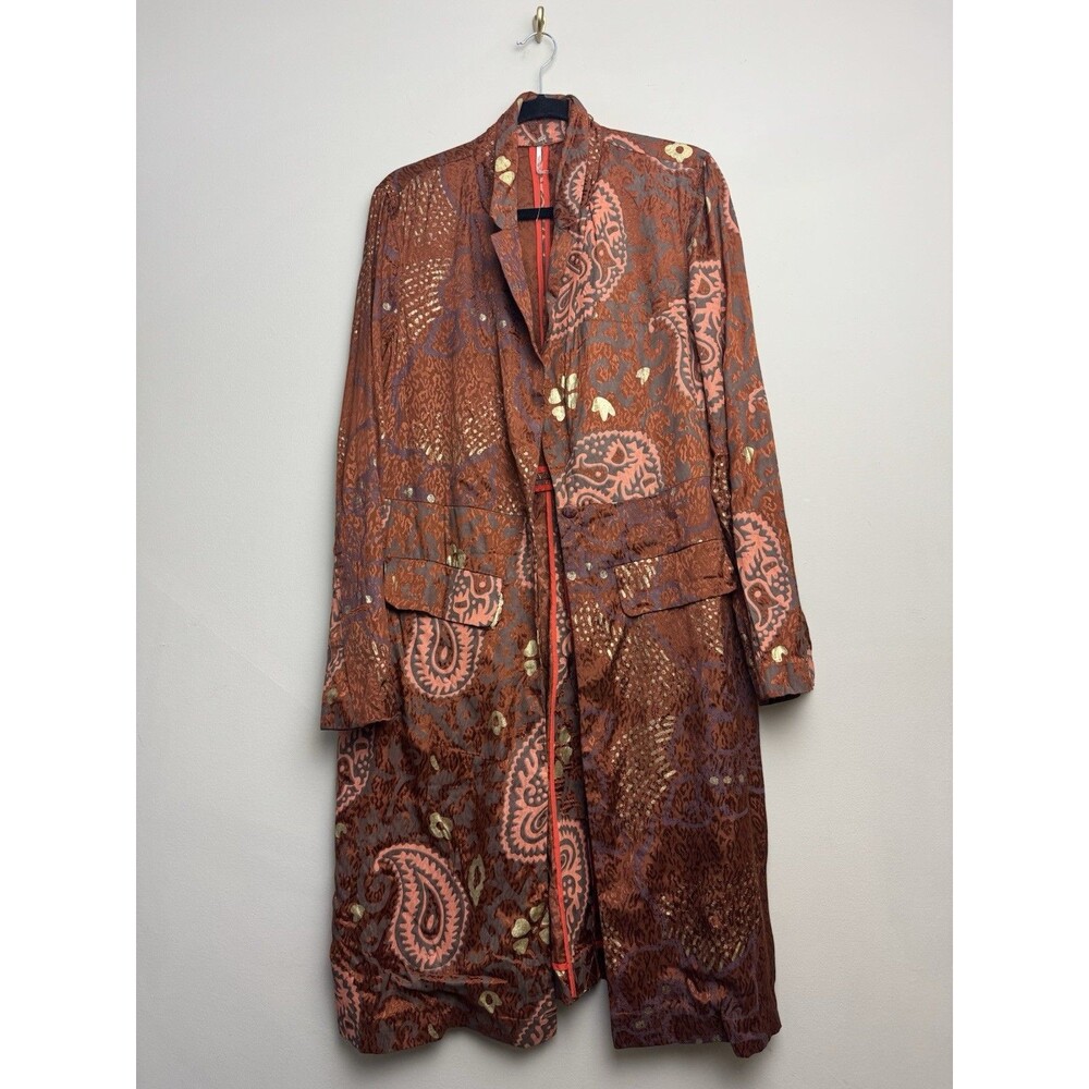 Free People Eye of The Wild Duster Trench Coat Size Medium Brown Printed Long